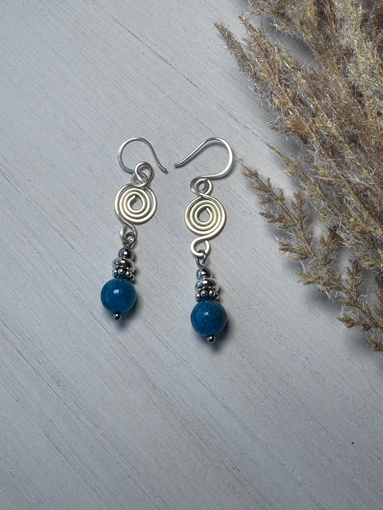 Blue Apatite Silver Spiral Earrings