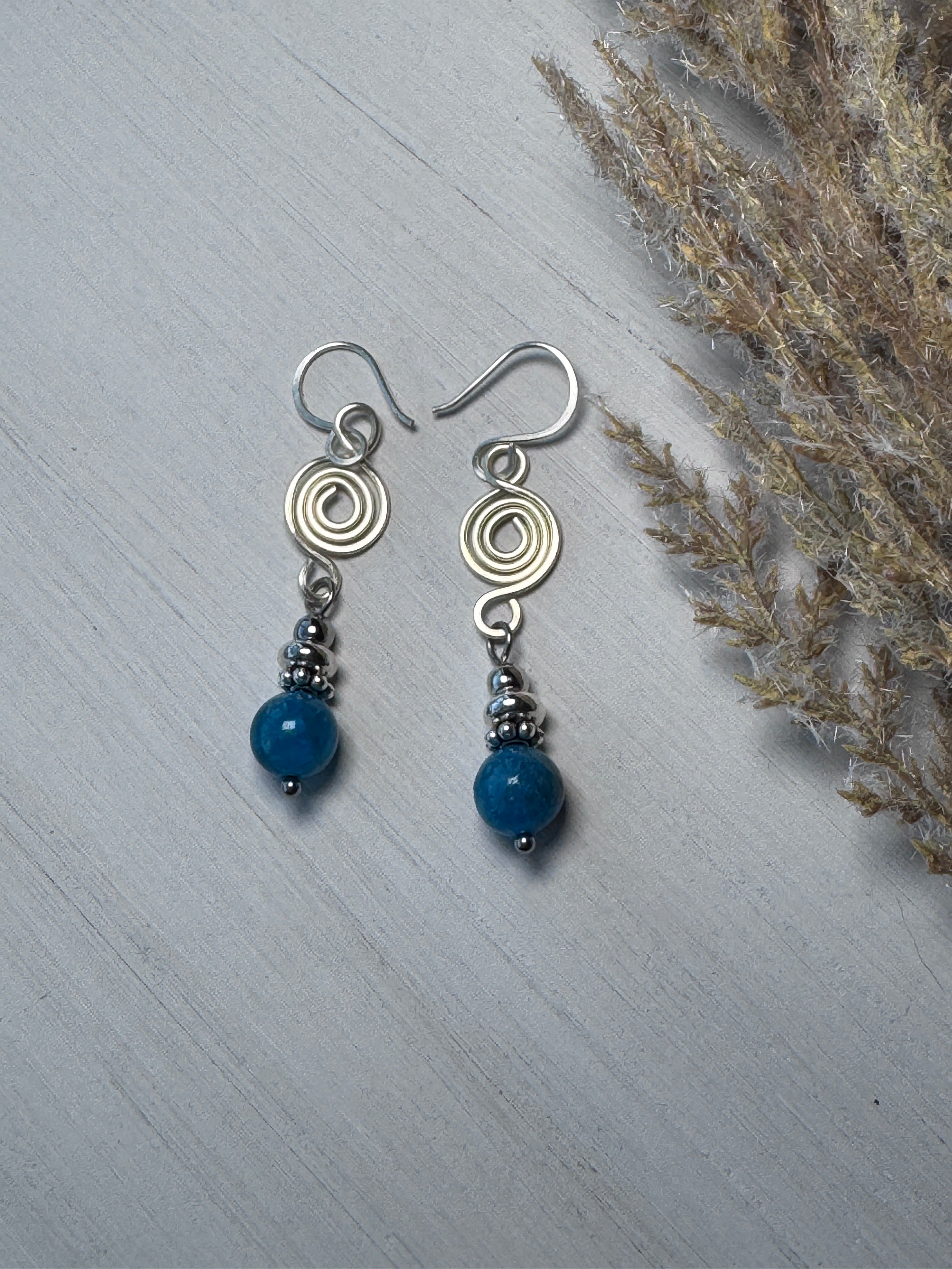 Blue Apatite Silver Spiral Earrings