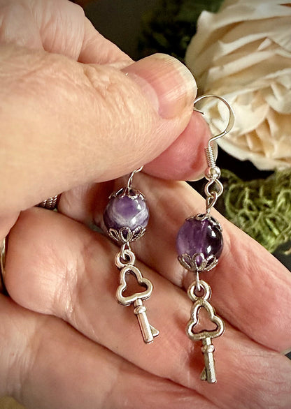 Hekate Key Charm Earrings with Amethyst.