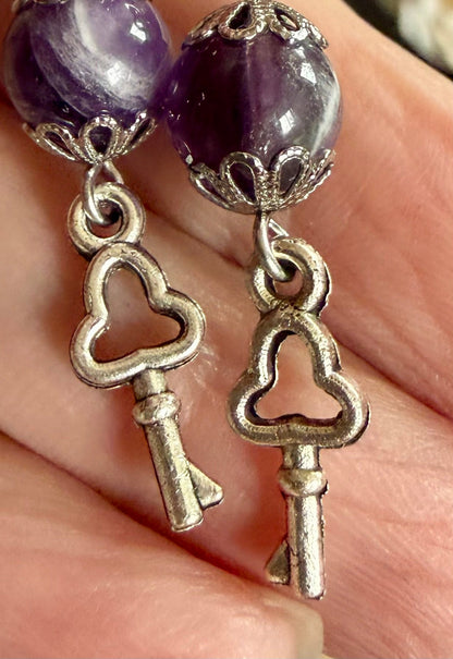 Hekate Key Charm Earrings with Amethyst.