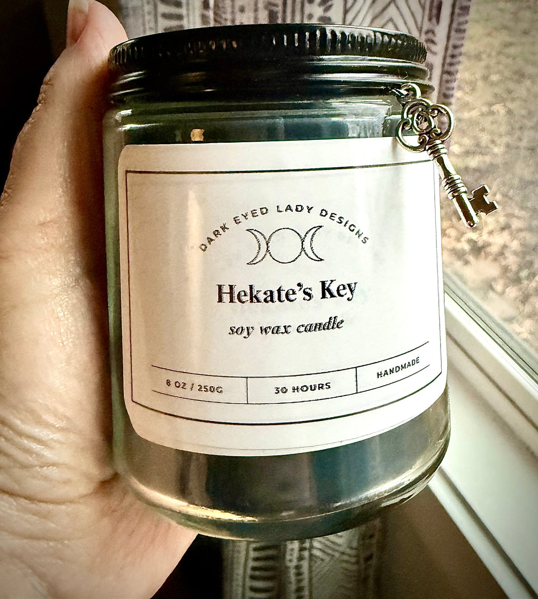 Hekate Devotional Black Soy Candle with Herbs, Crystals, and Key Charm