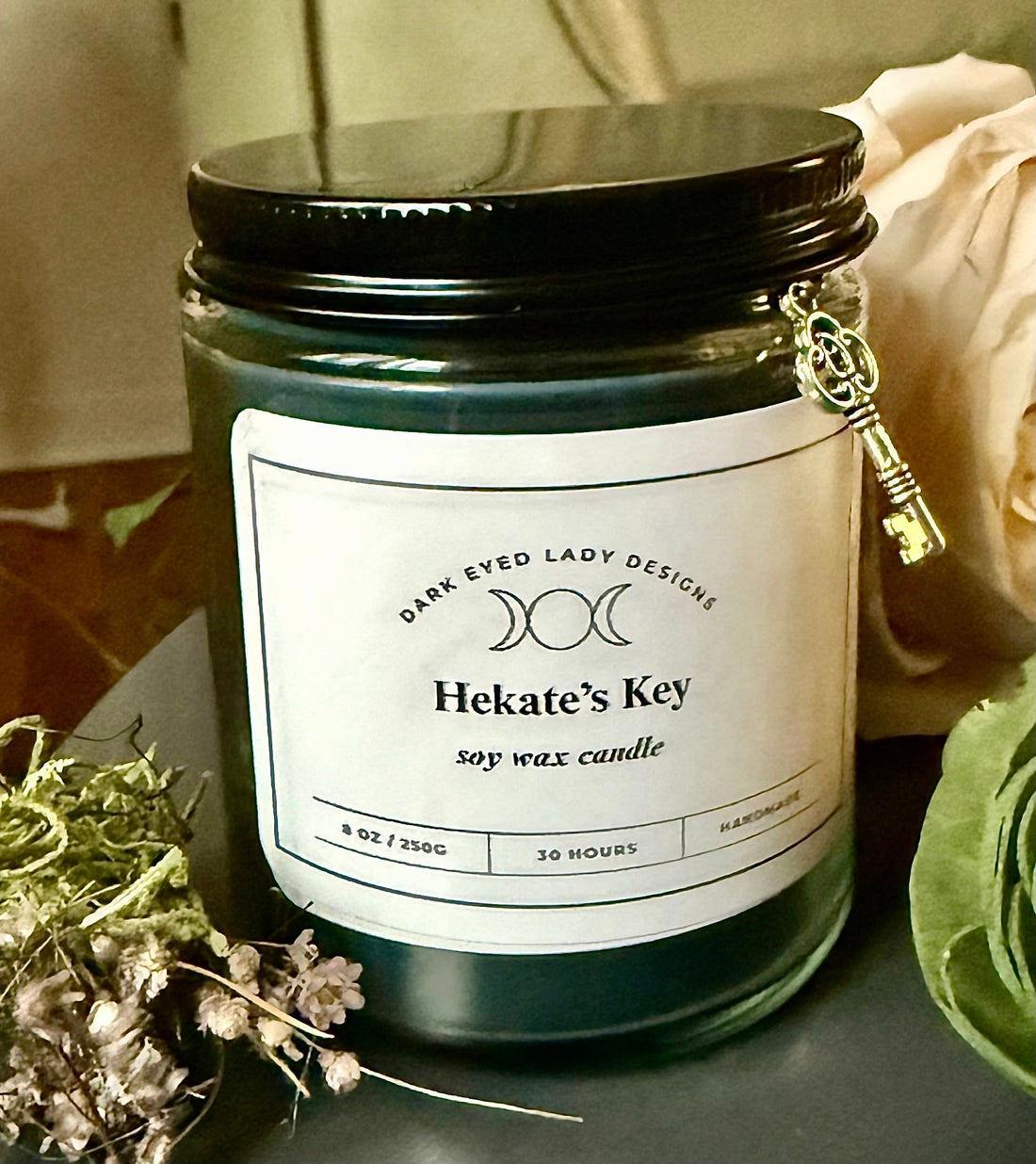Hekate Devotional Black Soy Candle with Herbs, Crystals, and Key Charm