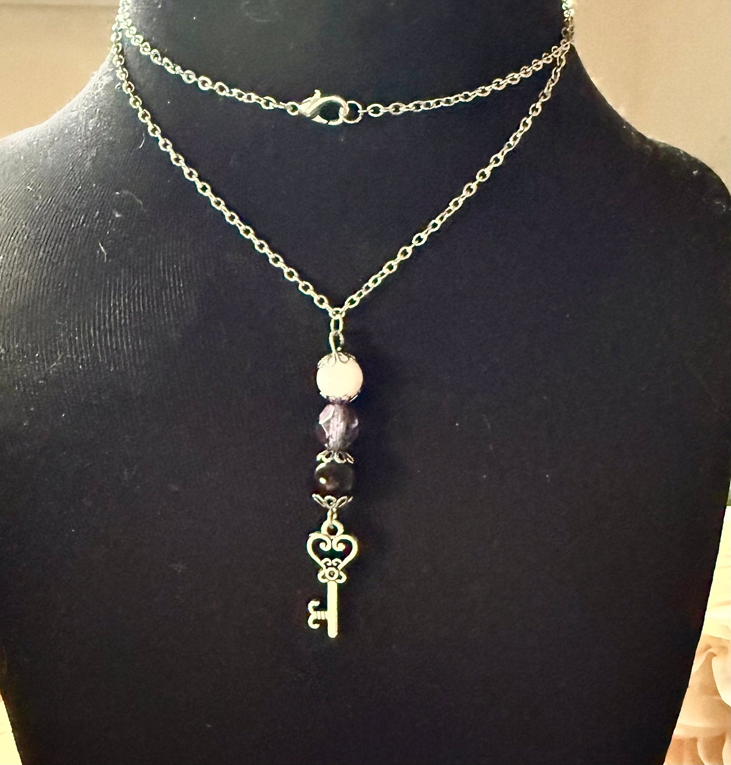Hekate Talisman Necklace with Moonstone, Obsidian, Purple Glass Beads with Key Charm.