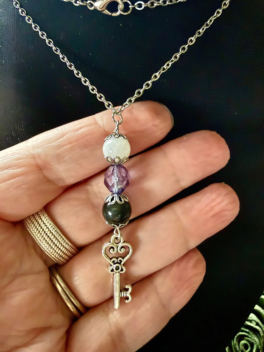 Hekate Talisman Necklace with Moonstone, Obsidian, Purple Glass Beads with Key Charm.