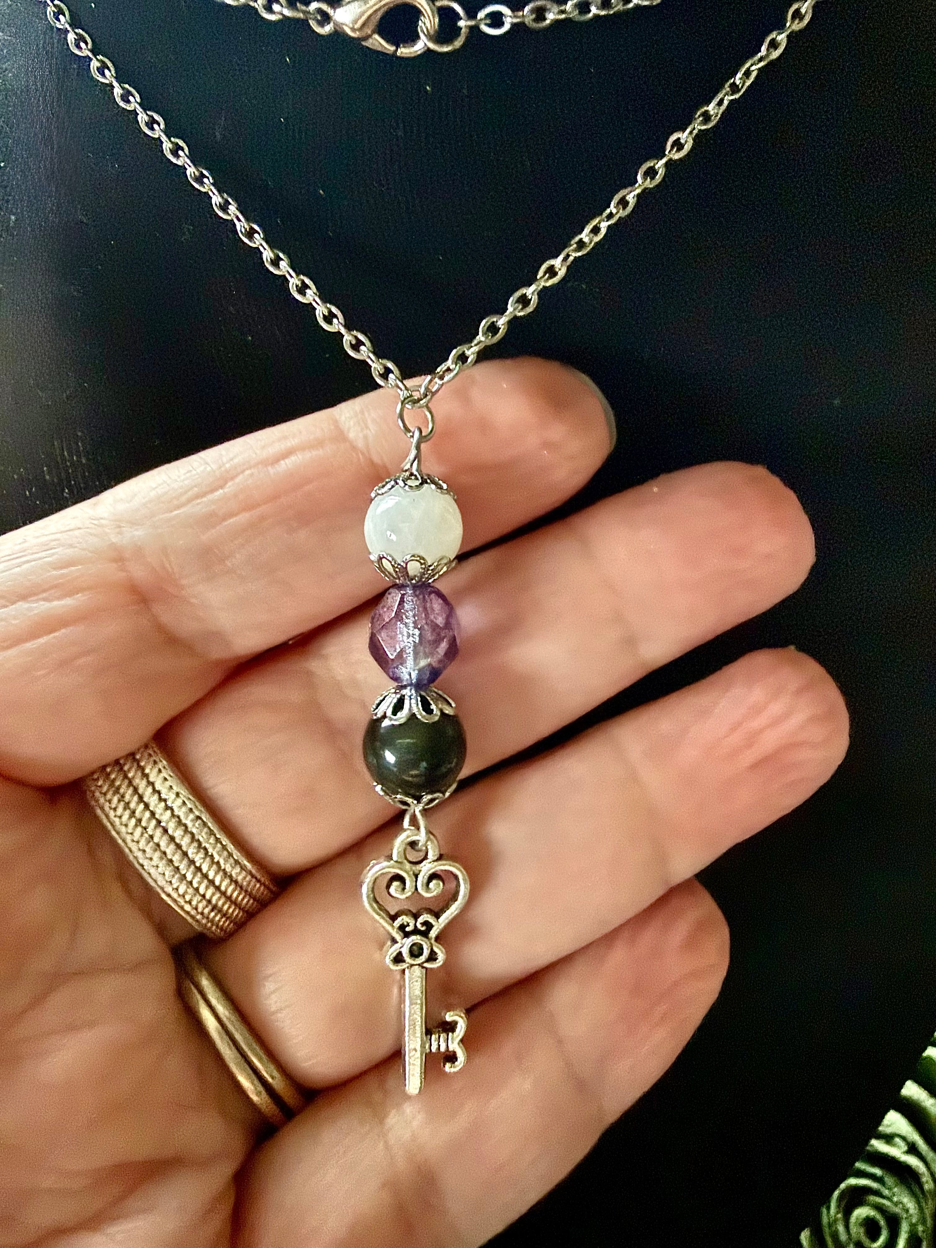 Hekate Talisman Necklace with Moonstone, Obsidian, Purple Glass Beads with Key Charm.