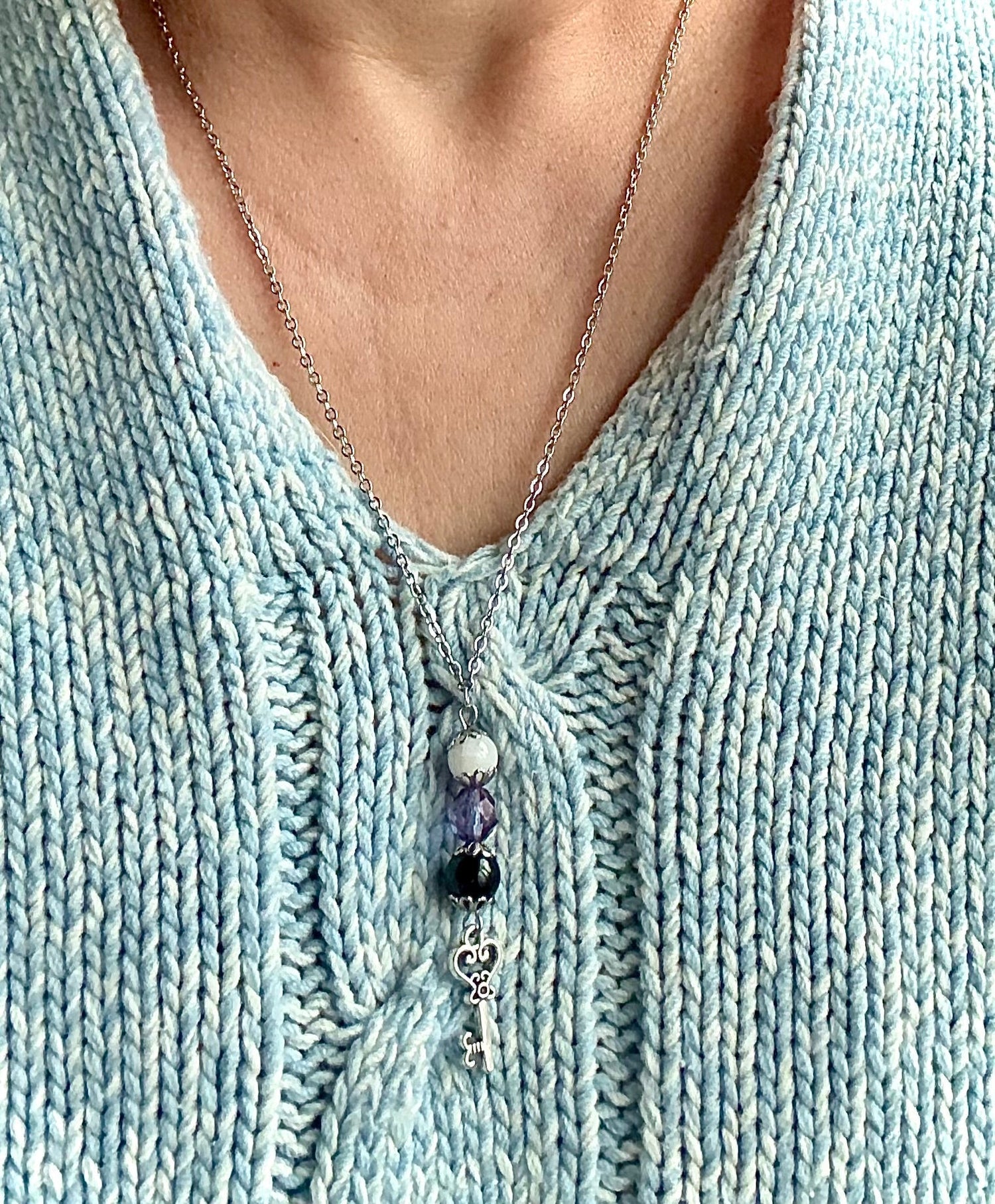 Hekate Talisman Necklace with Moonstone, Obsidian, Purple Glass Beads with Key Charm.