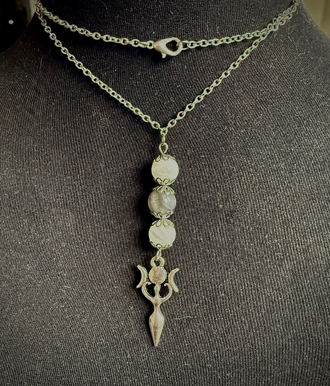 Triple Moon Goddess Pendant Necklace with Moonstone and Labradorite Gemstones