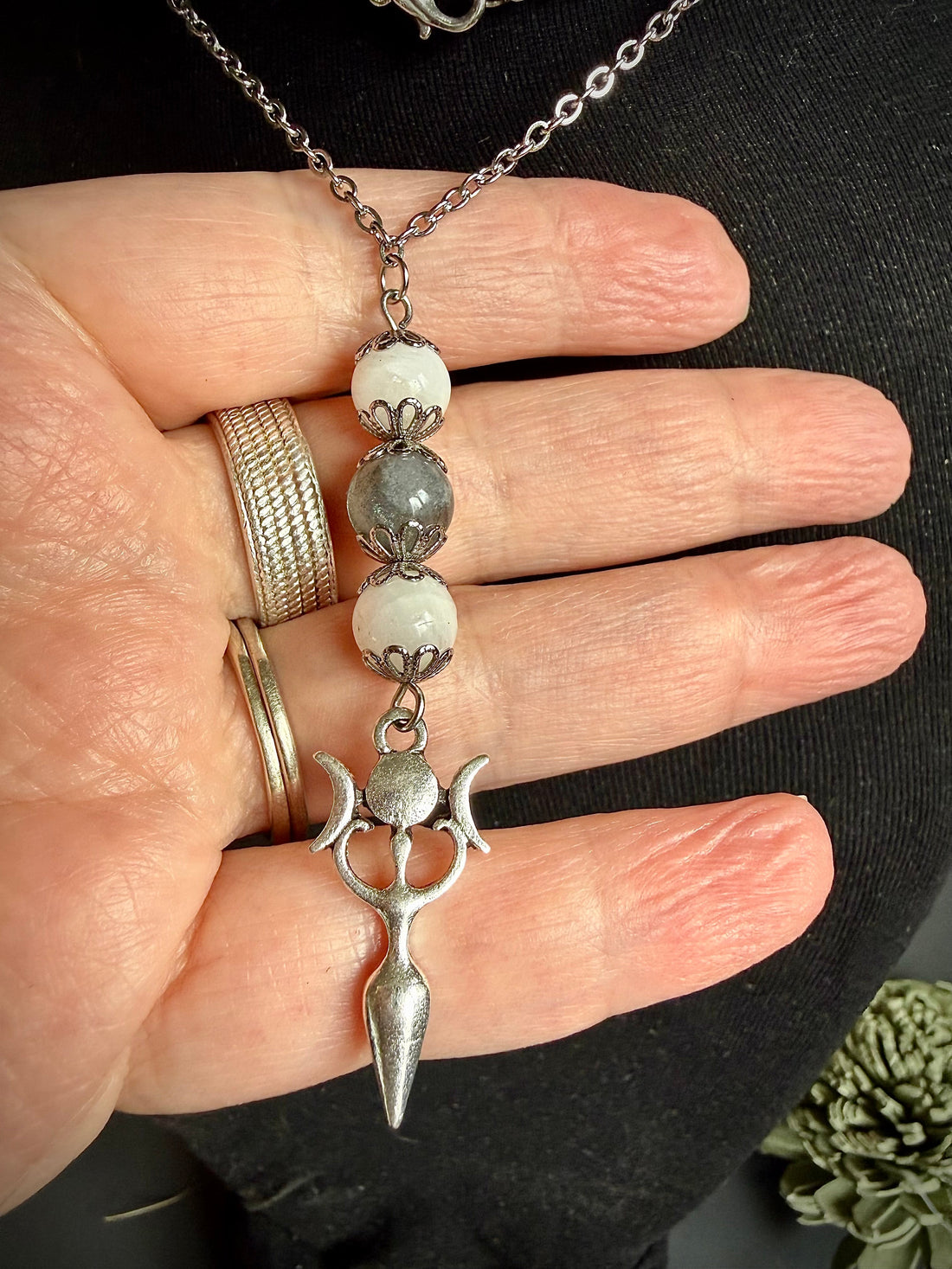 Triple Moon Goddess Pendant Necklace with Moonstone and Labradorite Gemstones
