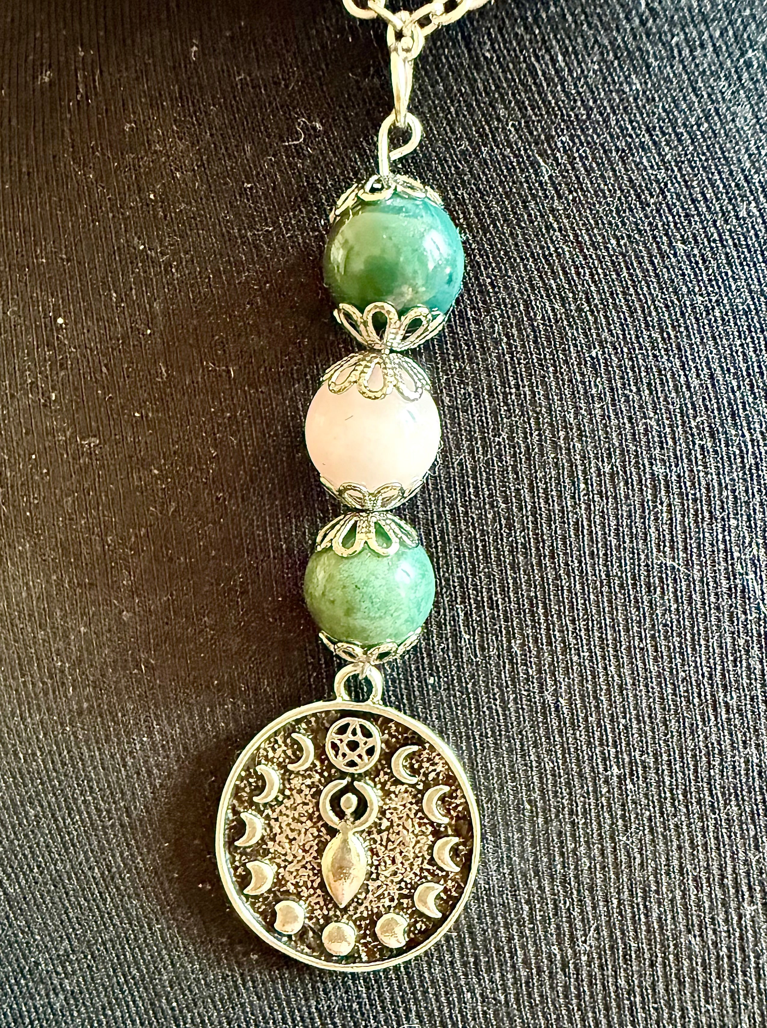 Ostara Spring Goddess Necklace with Moss Agate and Rose Quartz Beads.