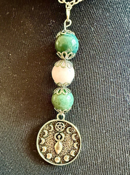 Ostara Spring Goddess Necklace with Moss Agate and Rose Quartz Beads.