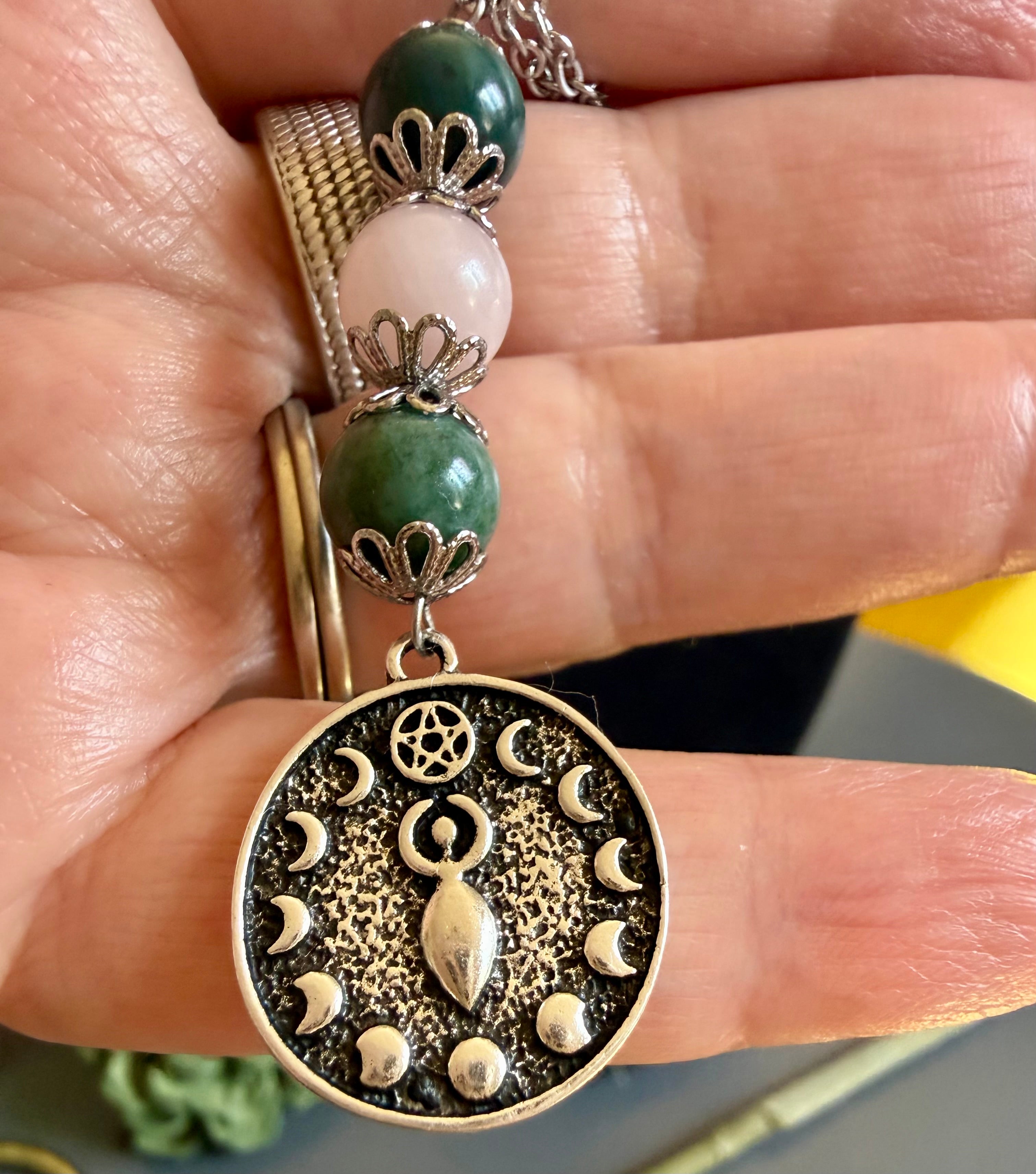 Ostara Spring Goddess Necklace with Moss Agate and Rose Quartz Beads.