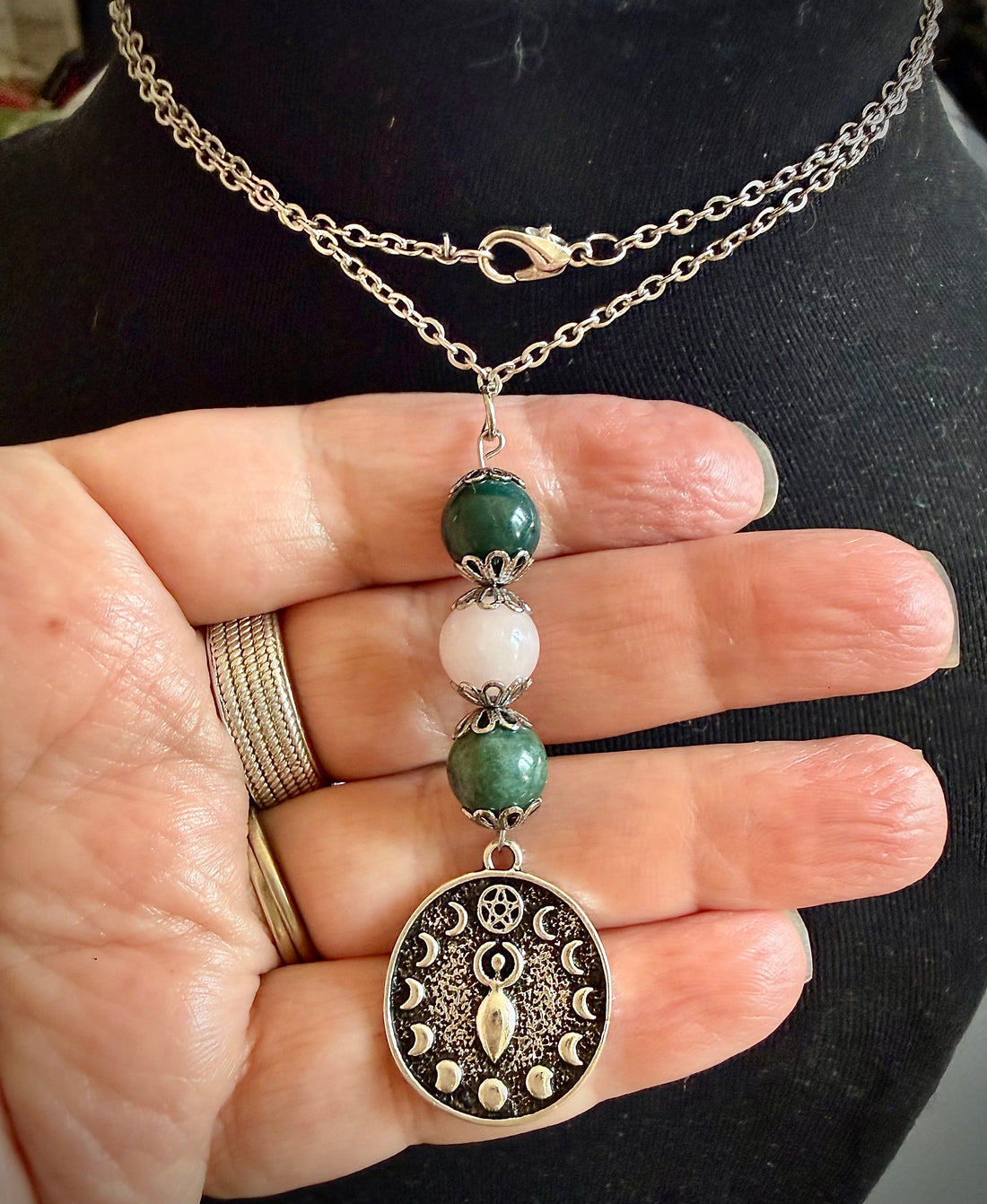Ostara Spring Goddess Necklace with Moss Agate and Rose Quartz Beads.