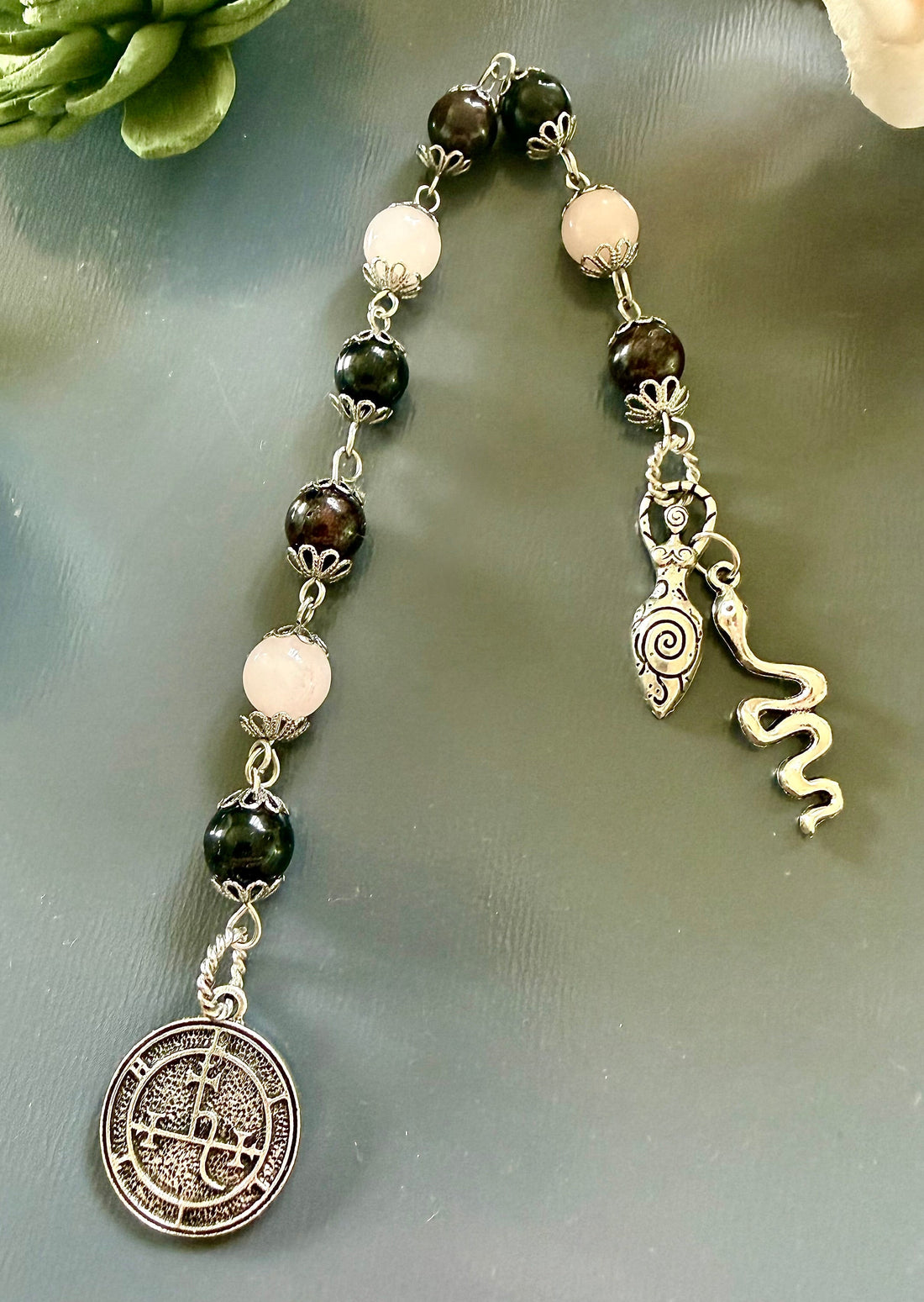 Handmade Lilith Sigil Devotional Prayer Beads, Garnet, Rose Quartz, and Obsidian