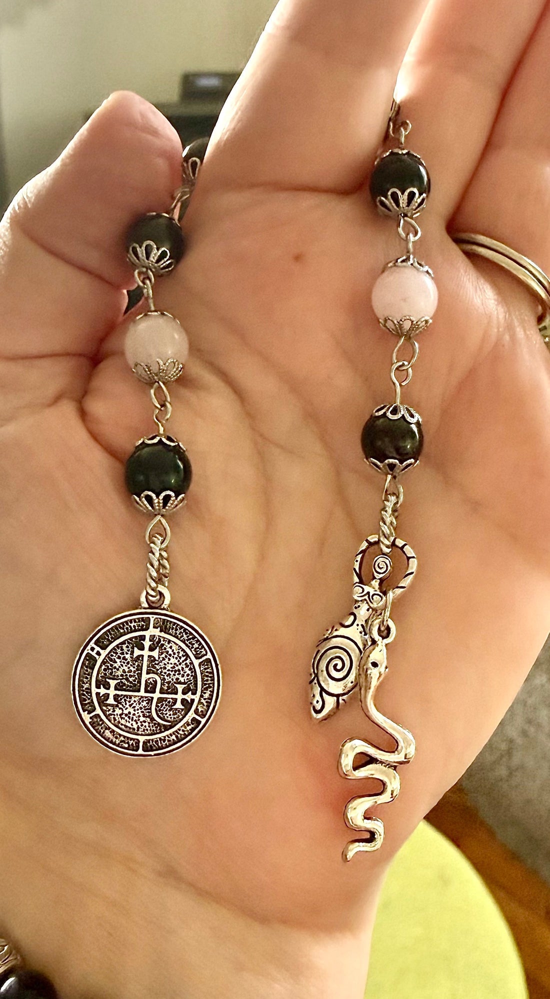 Handmade Lilith Sigil Devotional Prayer Beads, Garnet, Rose Quartz, and Obsidian