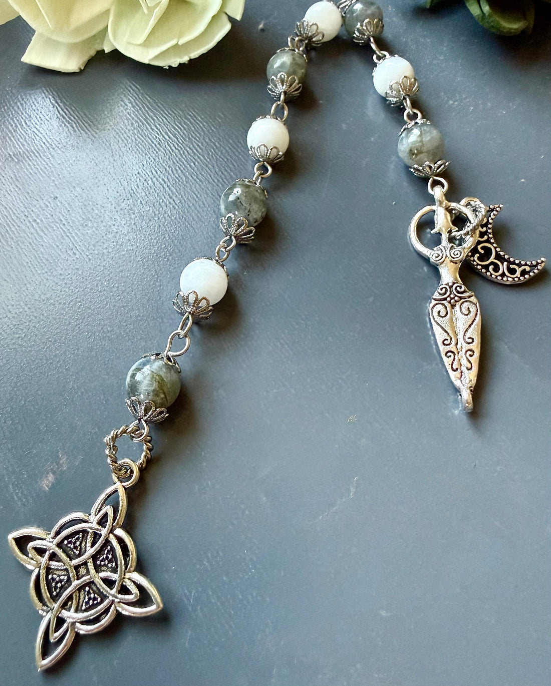 Handmade Witches Knot Pagan Devotional Prayer Beads with Labradorite and Moonstone.