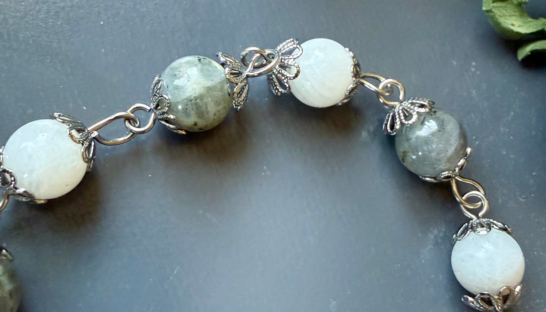 Handmade Witches Knot Pagan Devotional Prayer Beads with Labradorite and Moonstone.