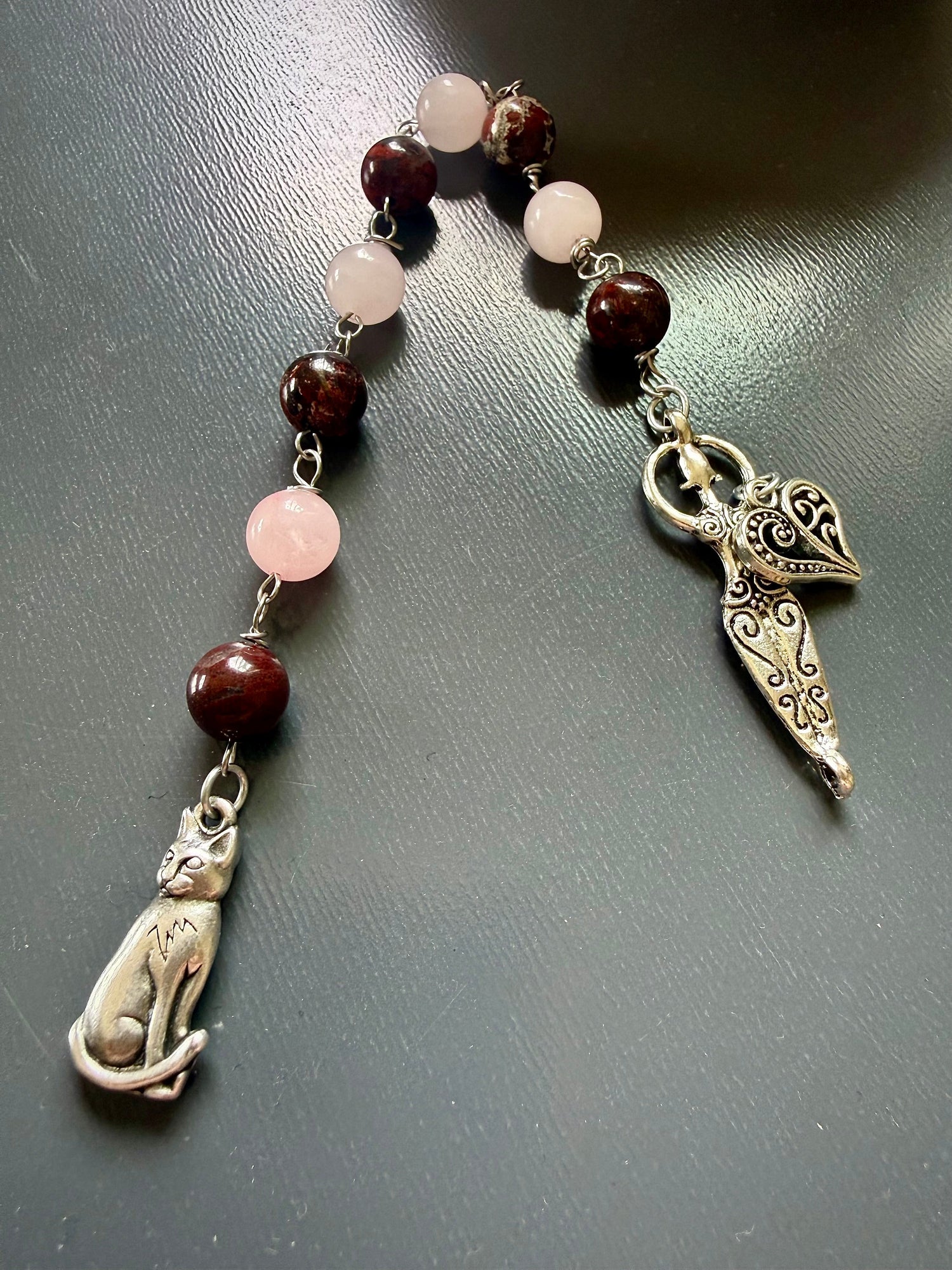 Handmade Norse Goddess Freyja Devotional Prayer Beads, Red Jasper, Rose Quartz, and Cat Charm