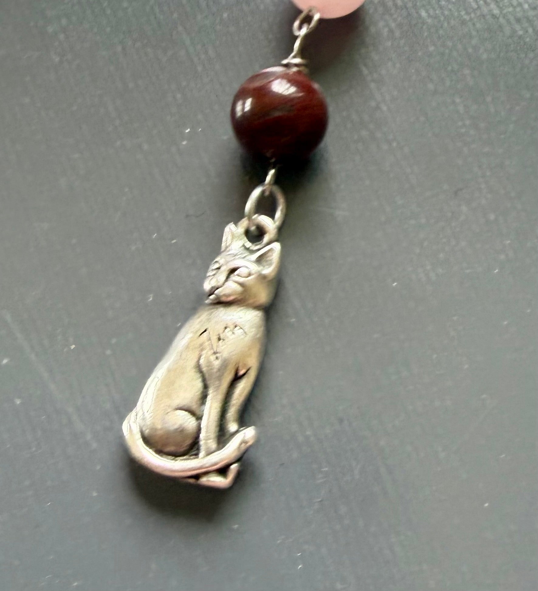 Handmade Norse Goddess Freyja Devotional Prayer Beads, Red Jasper, Rose Quartz, and Cat Charm