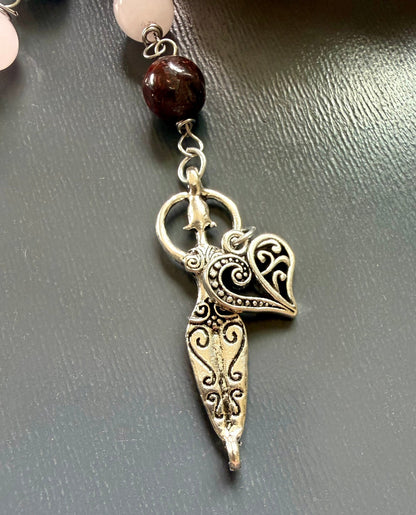 Handmade Norse Goddess Freyja Devotional Prayer Beads, Red Jasper, Rose Quartz, and Cat Charm