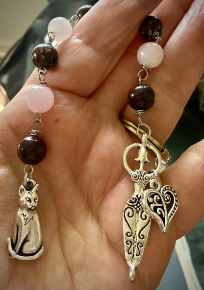 Handmade Norse Goddess Freyja Devotional Prayer Beads, Red Jasper, Rose Quartz, and Cat Charm