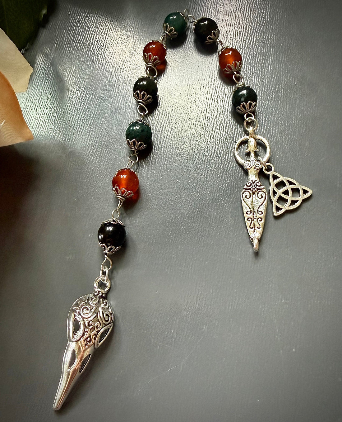 Handmade Morrigan Devotional Prayer Beads with Crow Skull, Goddess, and Triquetra Charms