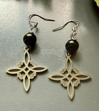 Witches Knot Charm Earrings with Black Obsidian Beads.