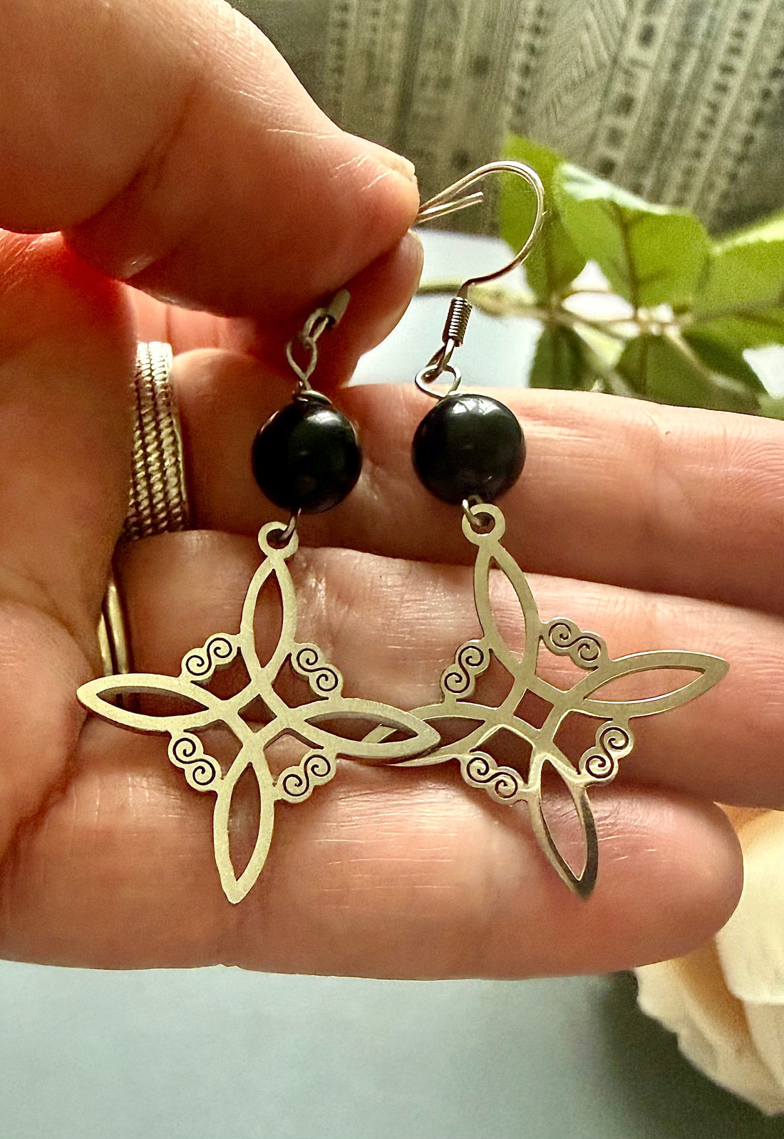 Witches Knot Charm Earrings with Black Obsidian Beads.