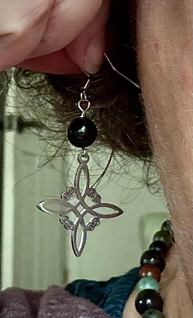 Witches Knot Charm Earrings with Black Obsidian Beads.