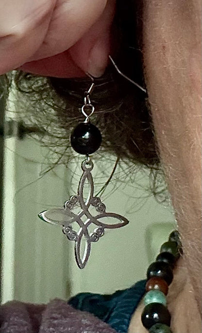 Witches Knot Charm Earrings with Black Obsidian Beads.
