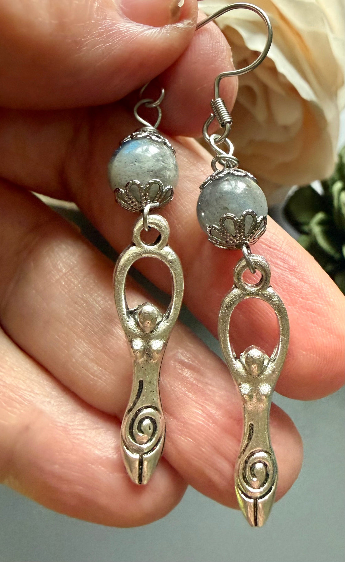 Spiral Goddess Charm Earrings with Labradorite Beads.
