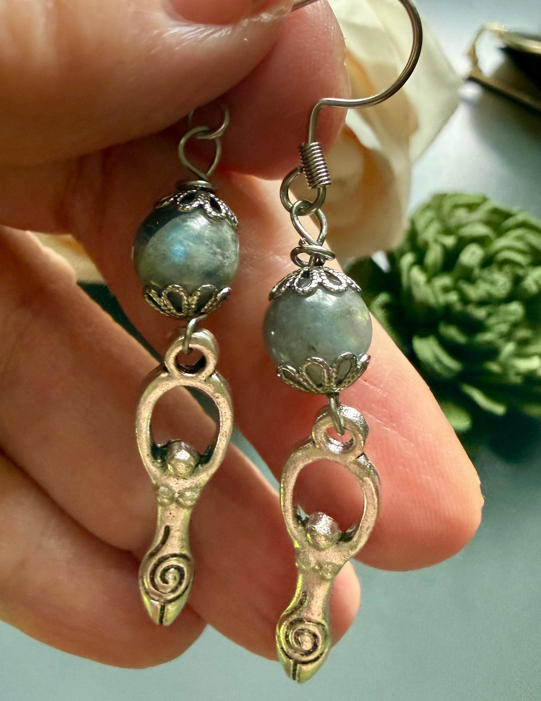 Spiral Goddess Charm Earrings with Labradorite Beads.