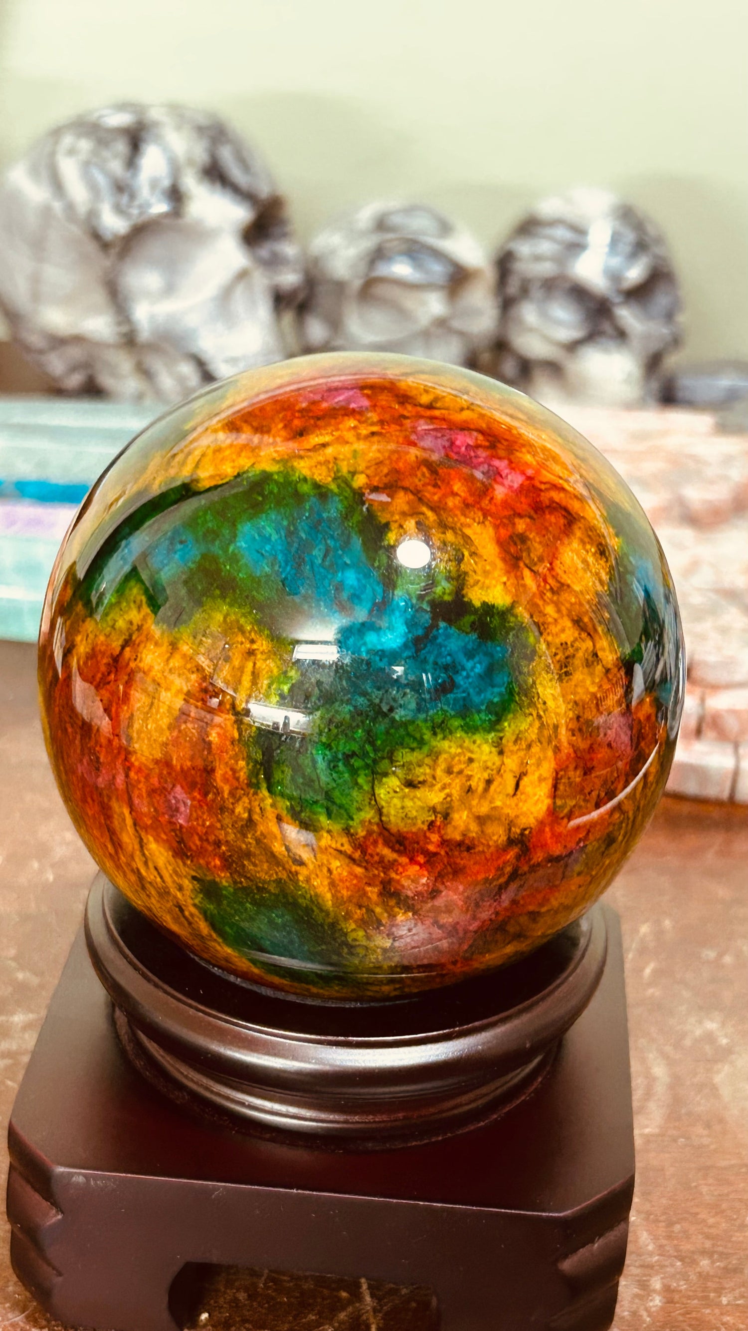 Exquisite 7-Color Jade Sphere with Custom Rotating Base