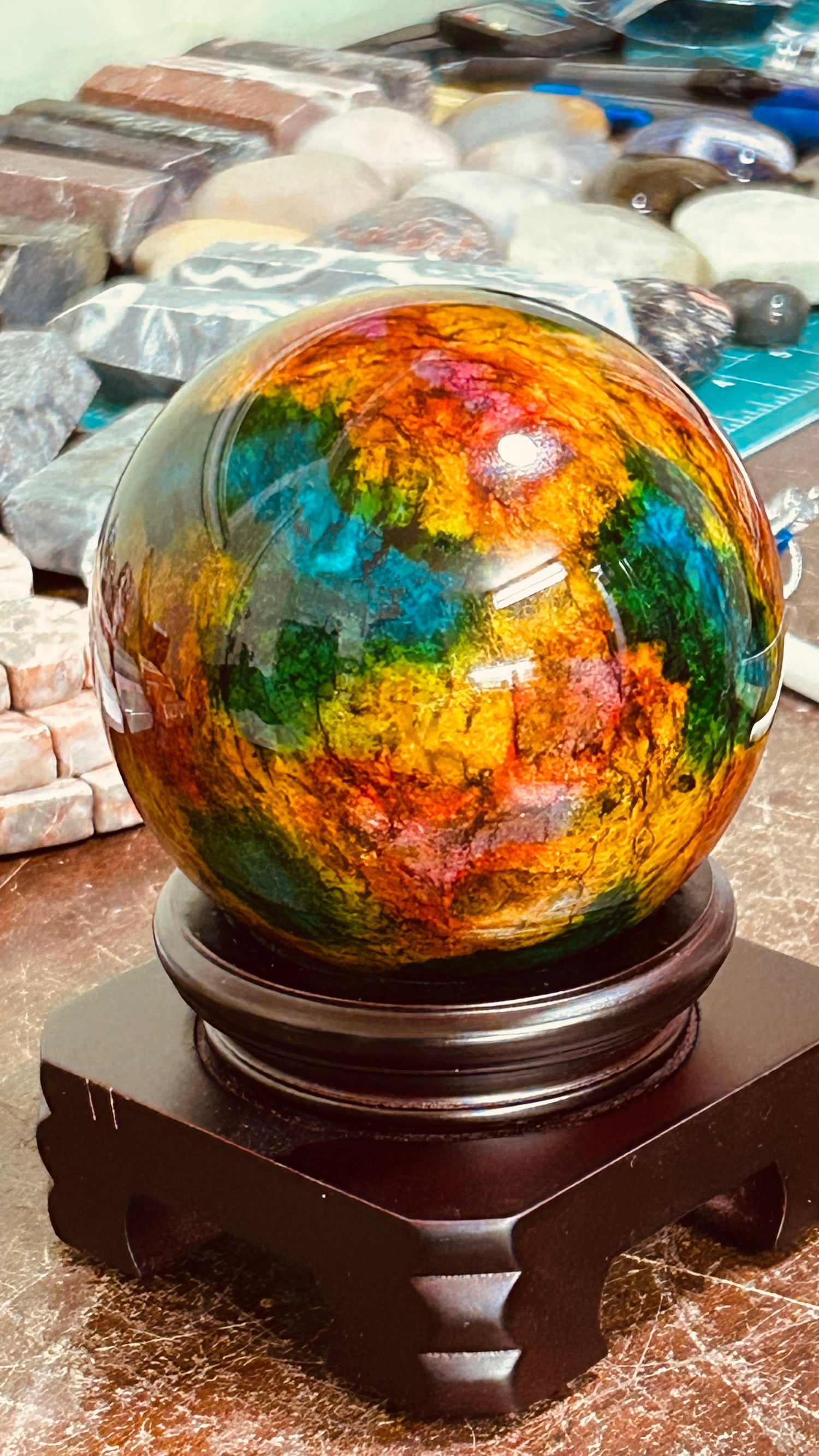Exquisite 7-Color Jade Sphere with Custom Rotating Base