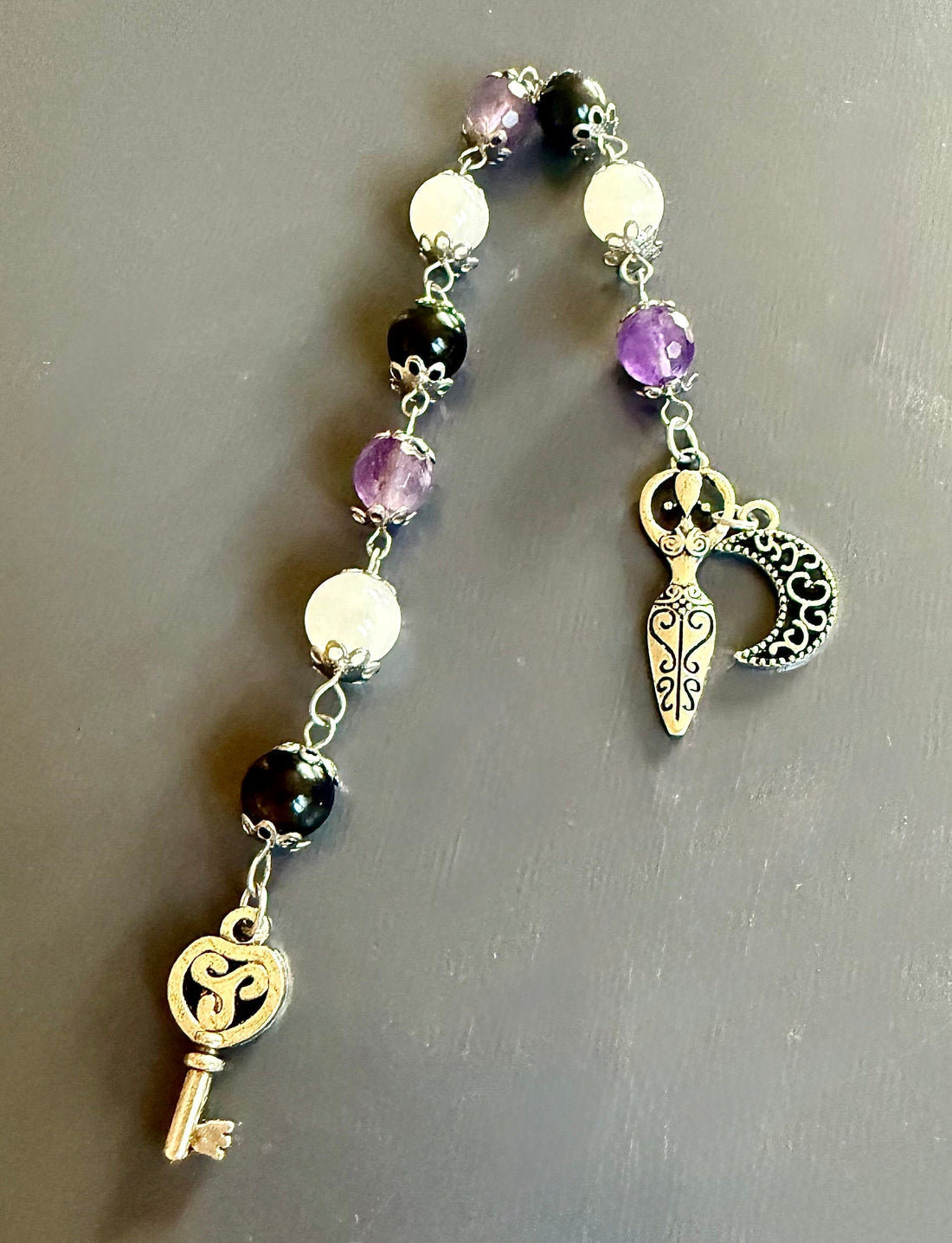Handmade Goddess Hekate Devotional Prayer Beads: Amethyst, Obsidian, Moonstone, Key and Moon Charms