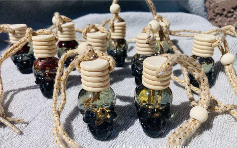Mystical Skull Car Diffusers | Handmade Herbal Oil Air Fresheners | Witchy Hanging Glass Bottles | Gothic Car Decor | Aromatherapy Gift