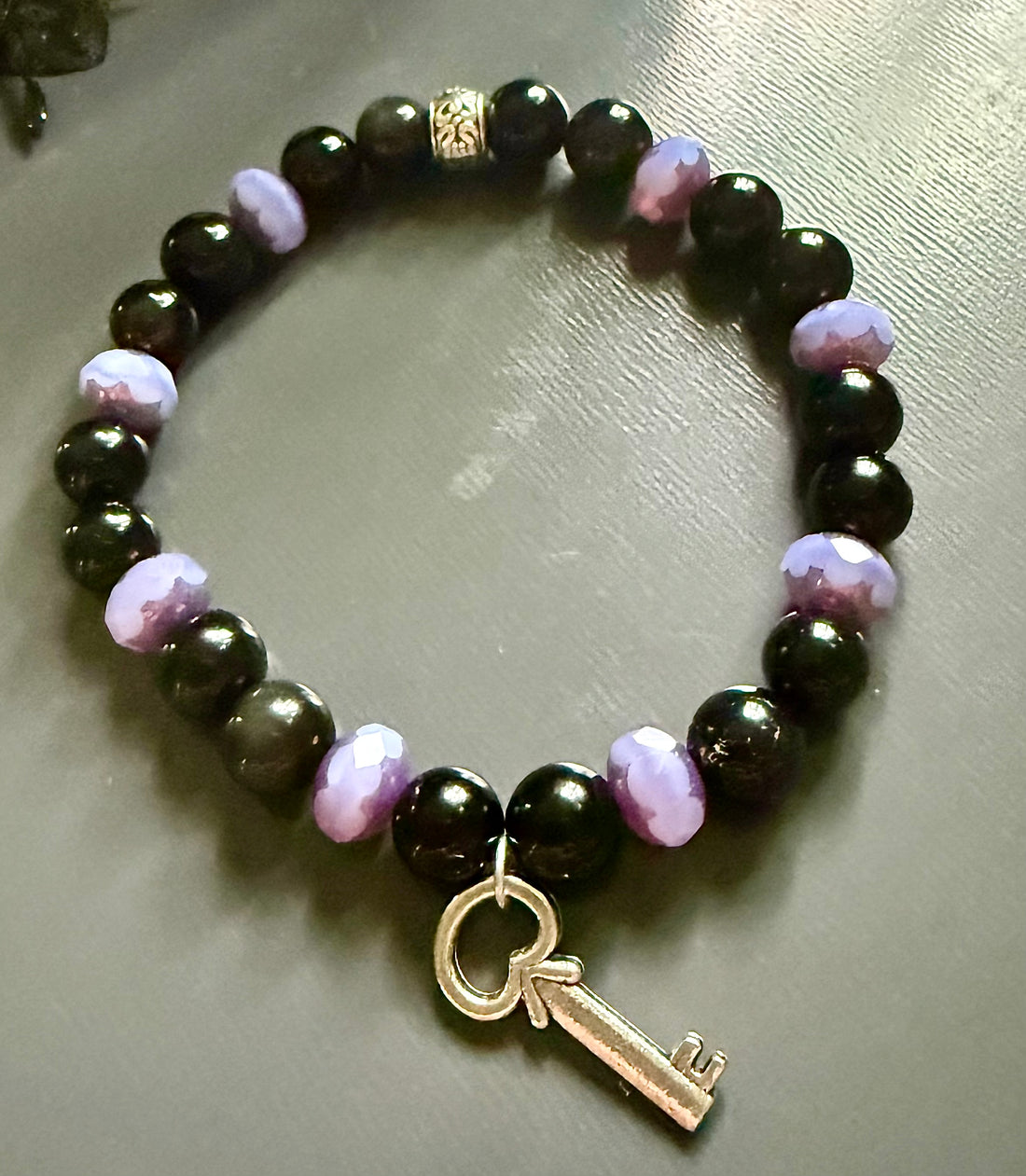 Hekate Devotional Bracelet with Black Obsidian and Purple Glass Beads with Key Charm.