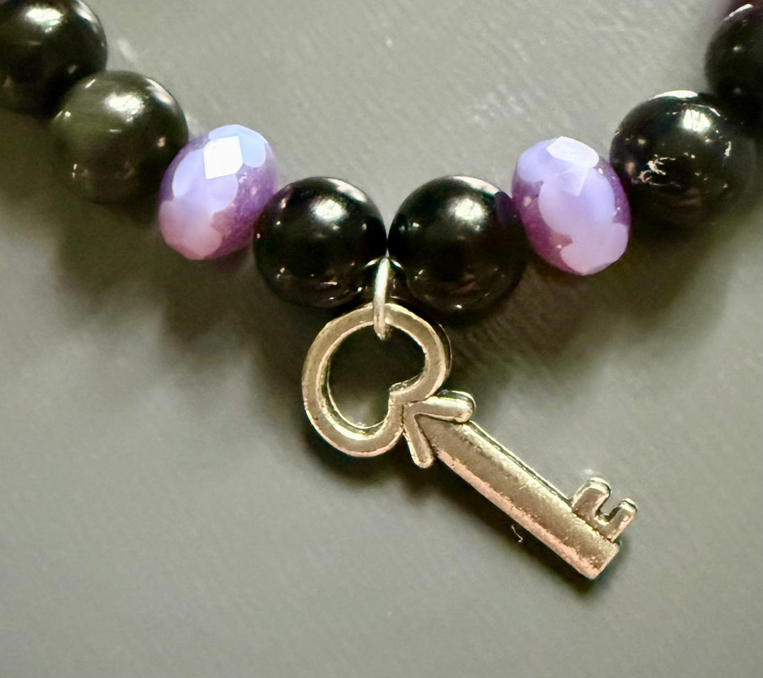 Hekate Devotional Bracelet with Black Obsidian and Purple Glass Beads with Key Charm.