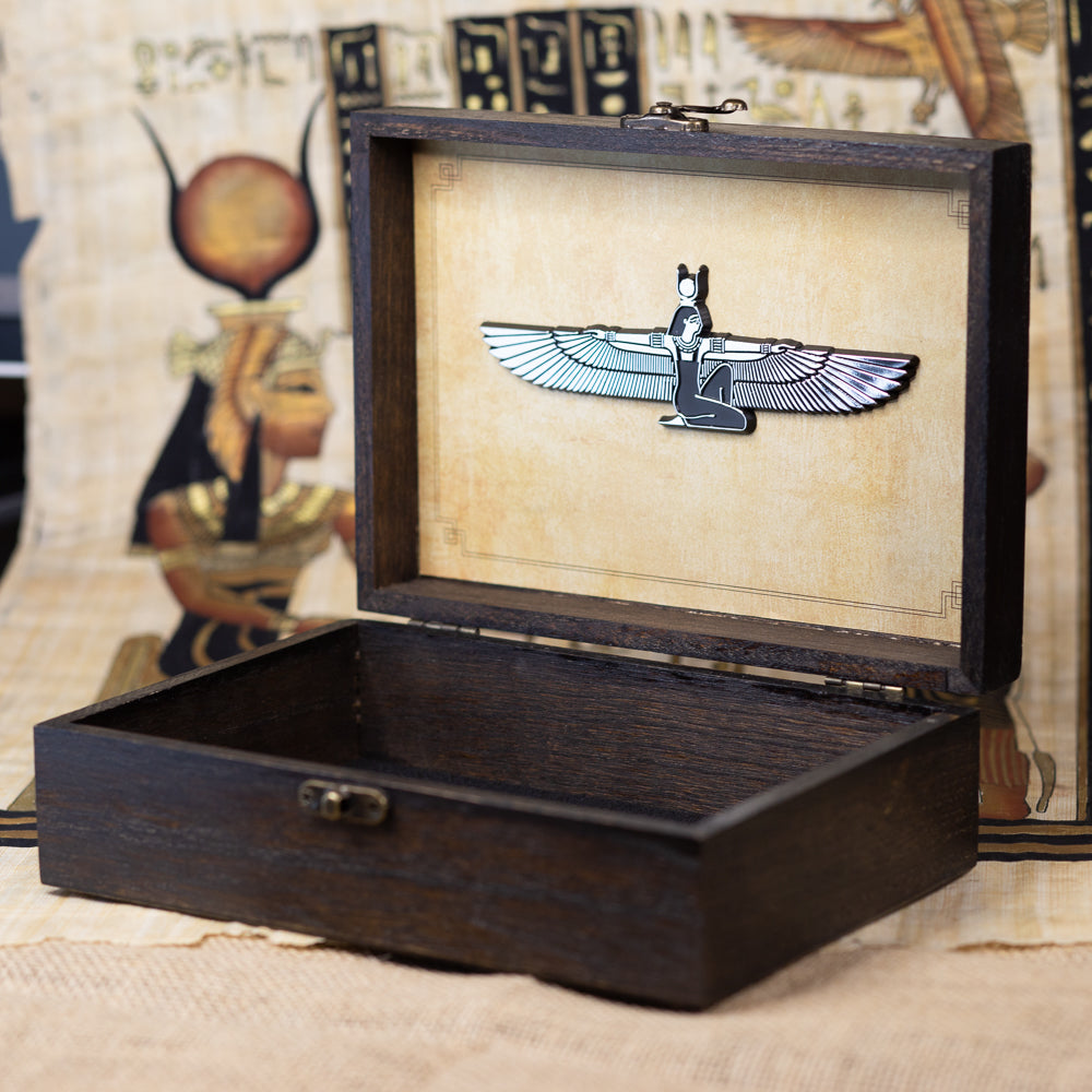 8.5" Isis Goddess Keepsake Box – Wooden Box with Winged Isis Mirror-Finish Emblem – Spiritual Gift, Egyptian-Inspired Decor