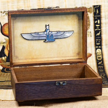 8.5" Isis Goddess Keepsake Box – Wooden Box with Winged Isis Mirror-Finish Emblem – Spiritual Gift, Egyptian-Inspired Decor