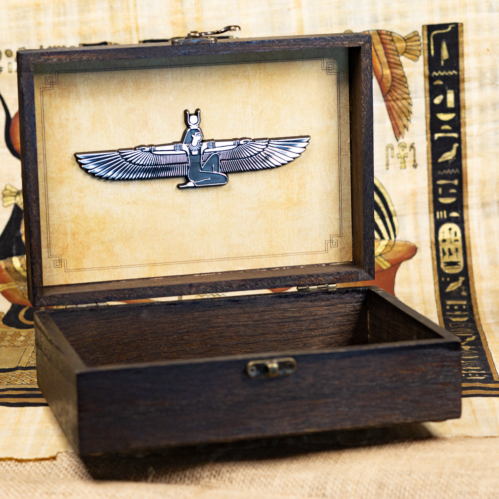 8.5" Isis Goddess Keepsake Box – Wooden Box with Winged Isis Mirror-Finish Emblem – Spiritual Gift, Egyptian-Inspired Decor