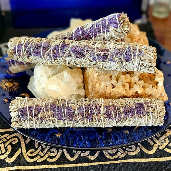 White Sage &amp; Purple "Royal" Lavender Flower Smudge Stick 9" Large