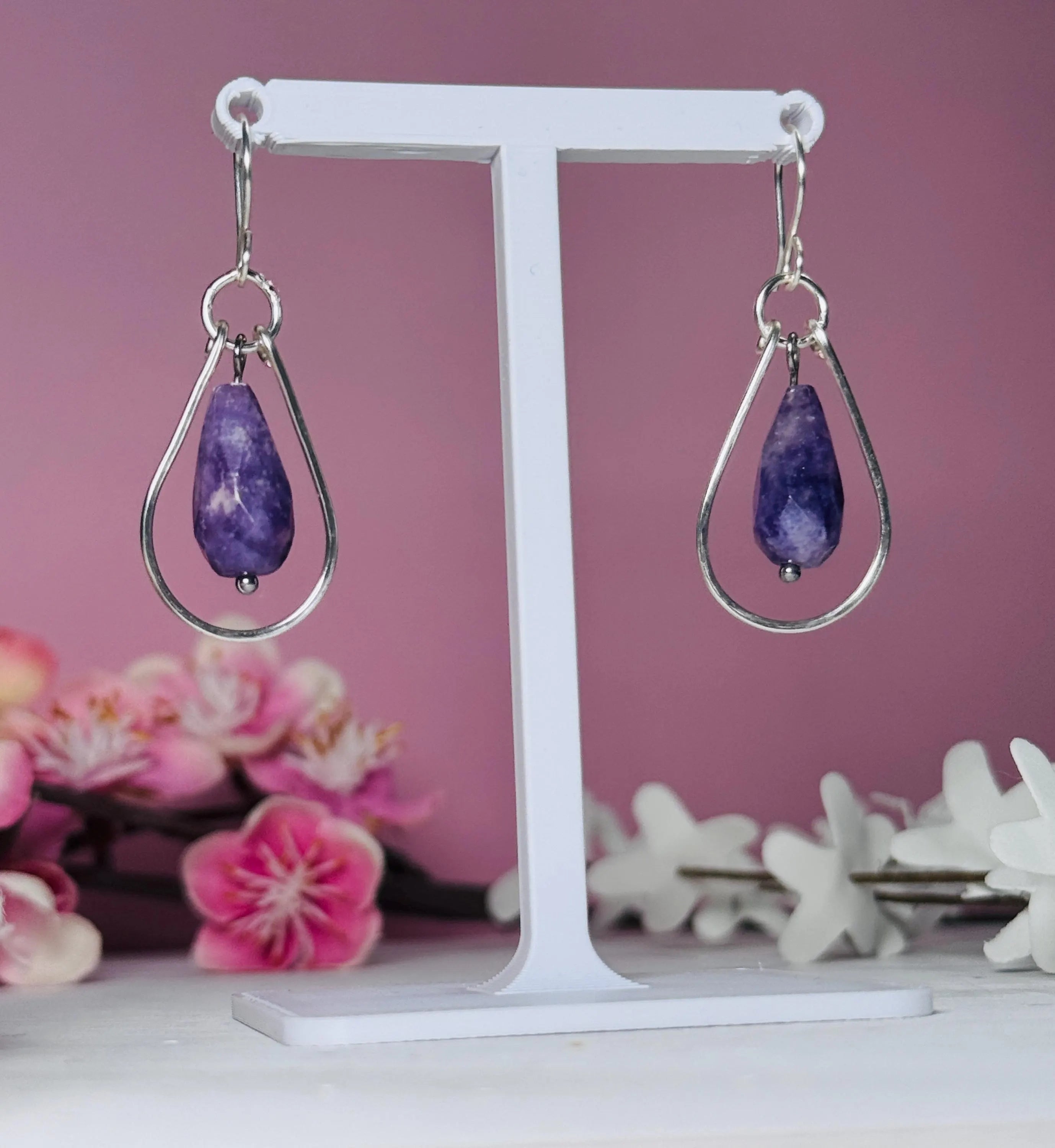 Handmade Lepidolite Earrings - Silver Teardrop Hoops, Calming Gemstone