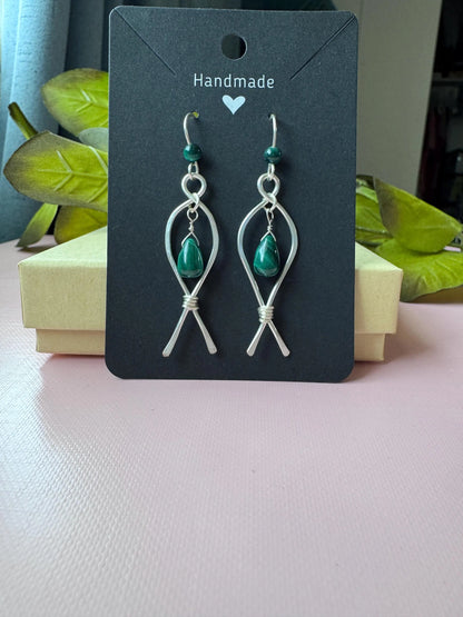 Handmade Silver Wire Wrapped Teardrop Earrings with Malachite Gemstones.