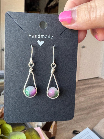Handmade Silver Wire Wrapped Teardrop Earrings with Malaysian Jade Gemstones