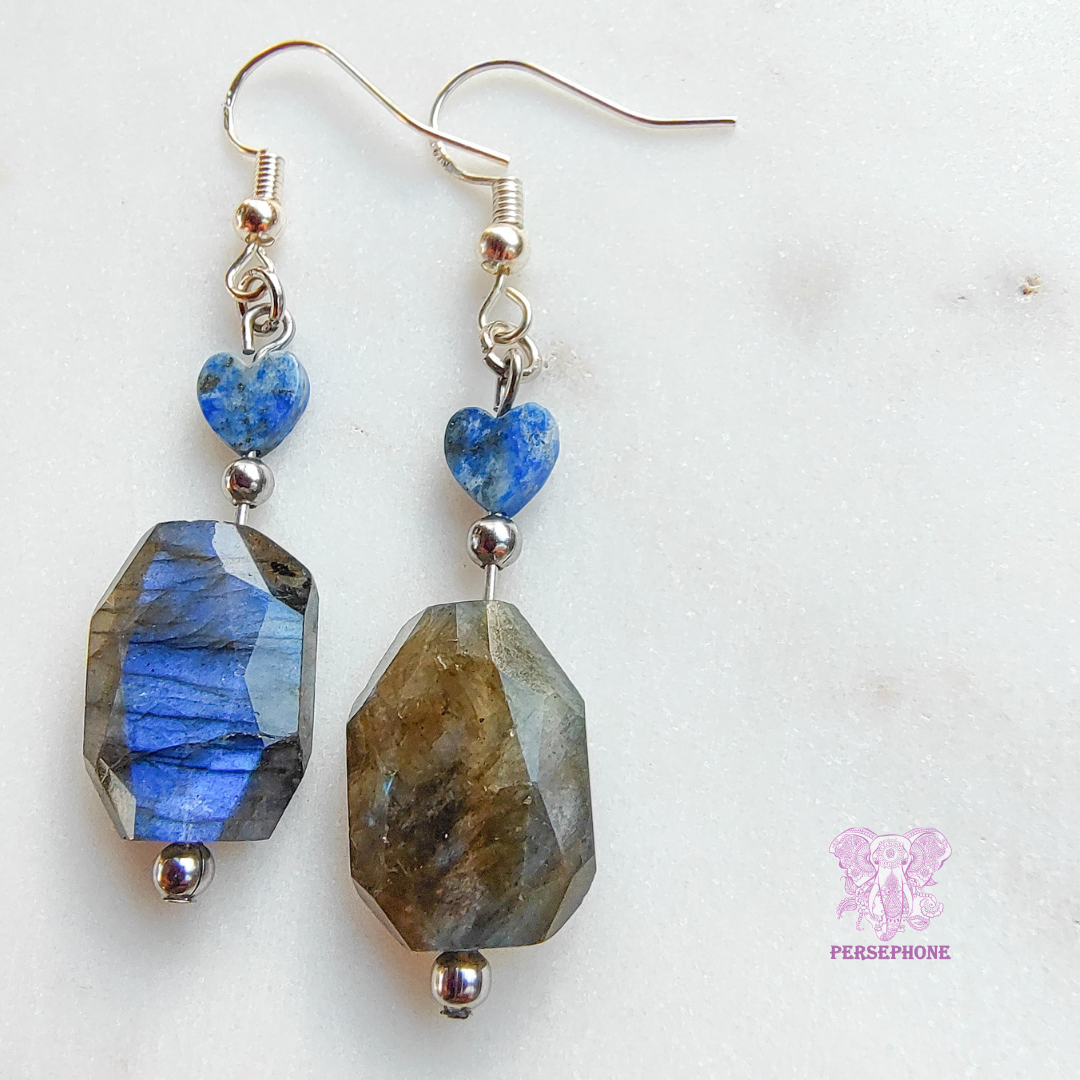 Mama Cocha Divine Femenine Earrings: Flashy Labradorite, Lapis Lazuli, Sterling Silver hook, and Stainless Steel components.