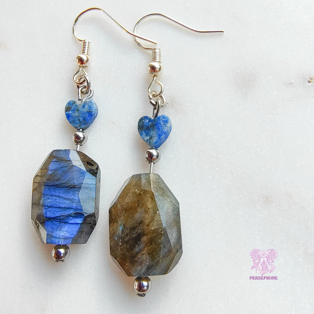 Mama Cocha Divine Femenine Earrings: Flashy Labradorite, Lapis Lazuli, Sterling Silver hook, and Stainless Steel components.