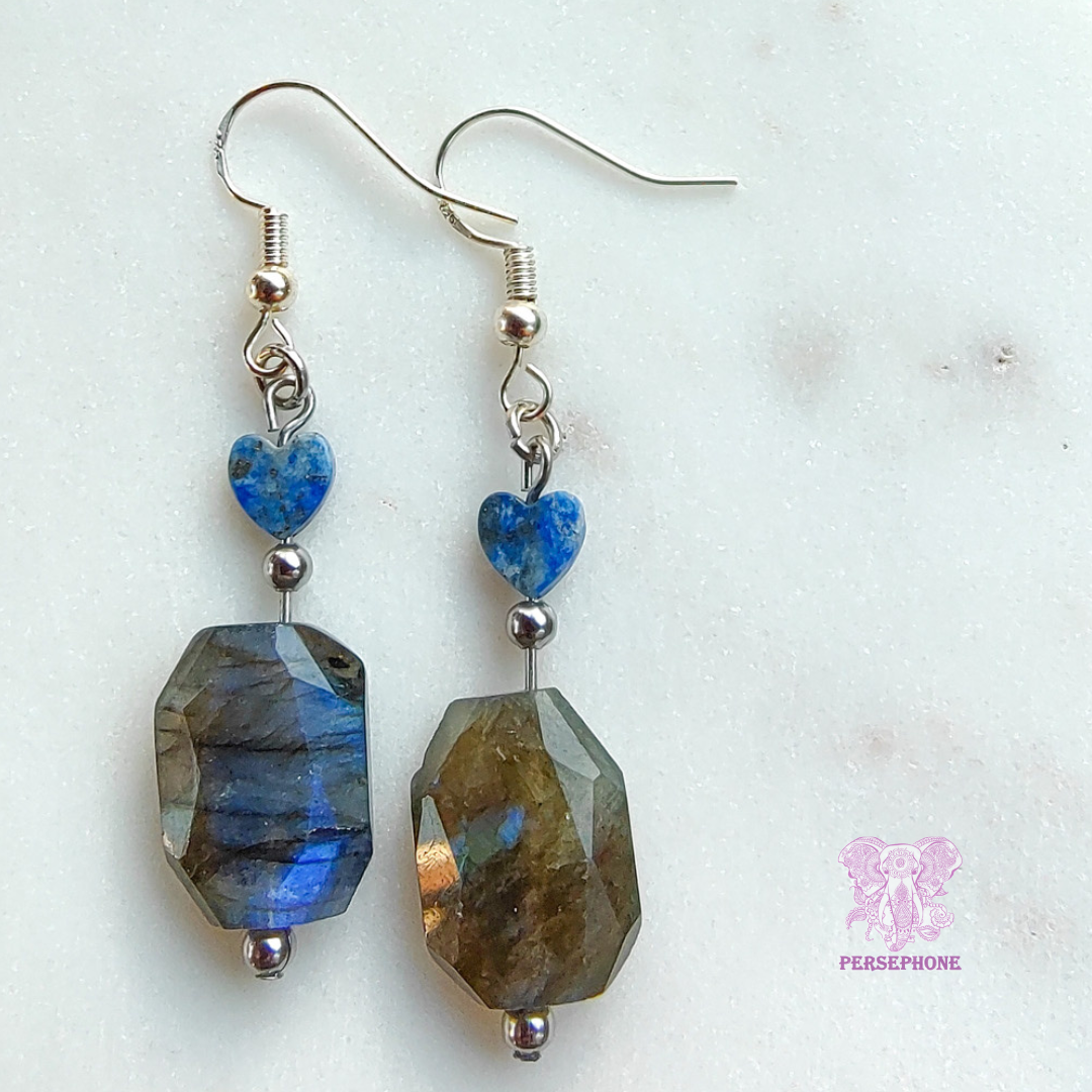 Mama Cocha Divine Femenine Earrings: Flashy Labradorite, Lapis Lazuli, Sterling Silver hook, and Stainless Steel components.