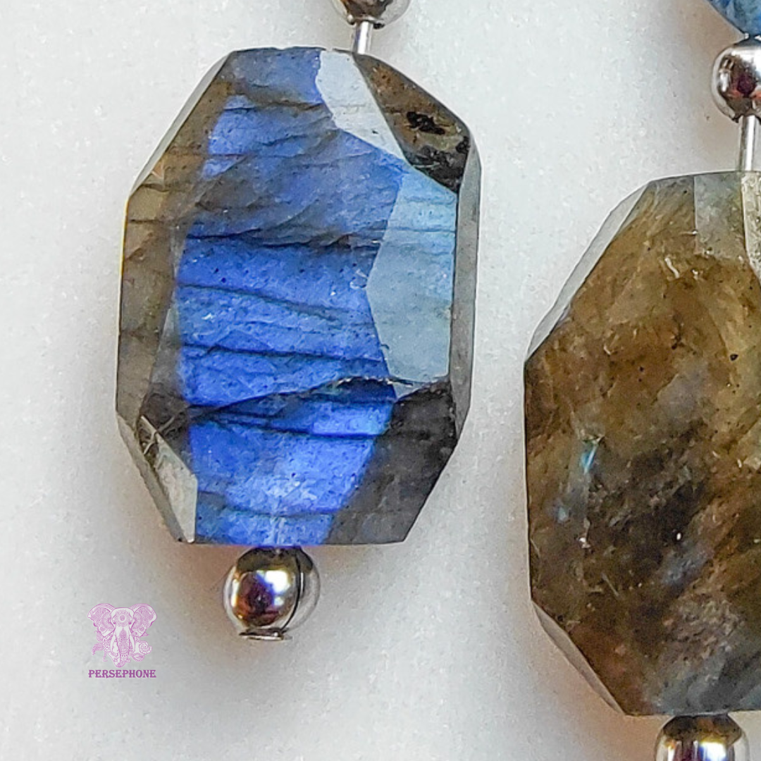 Mama Cocha Divine Femenine Earrings: Flashy Labradorite, Lapis Lazuli, Sterling Silver hook, and Stainless Steel components.