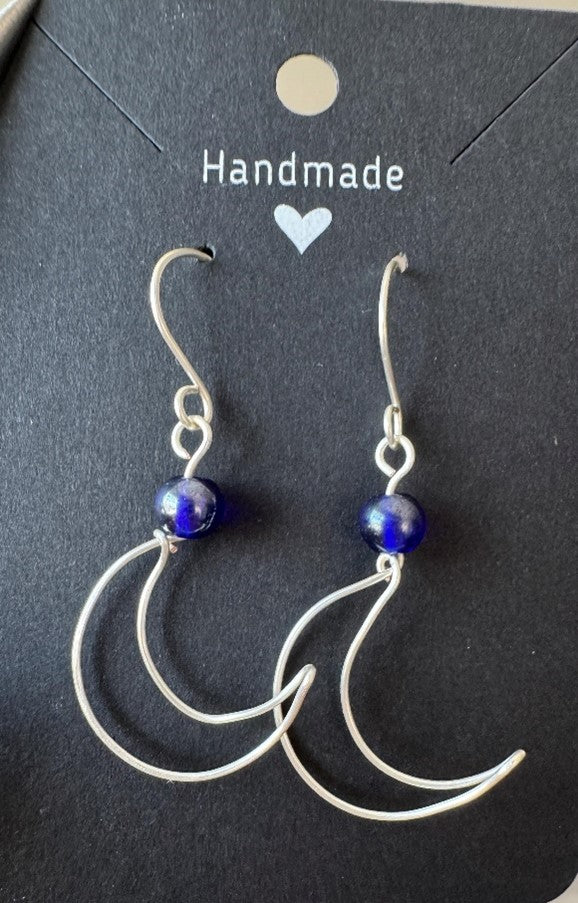 Handmade Silver Wire Wrapped Crescent Moon Earrings with Blue Beads.