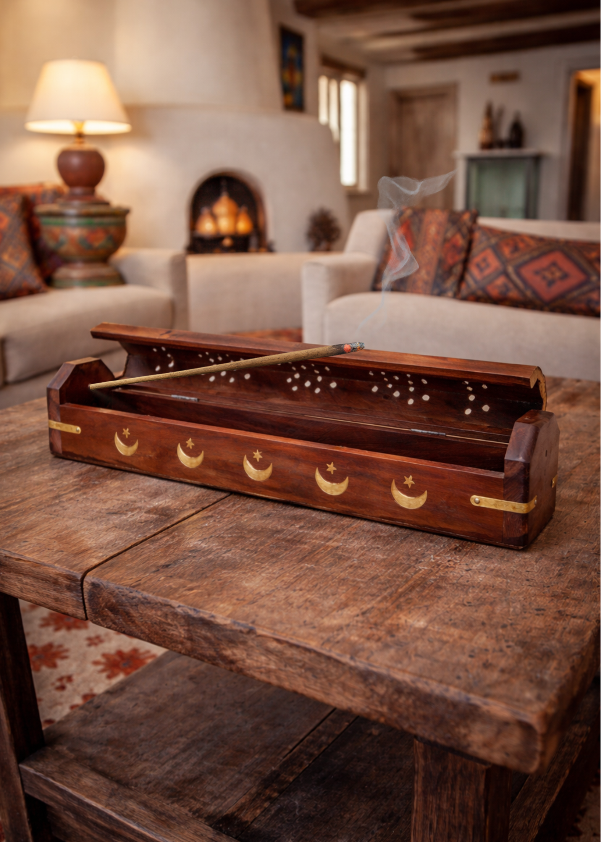 Brass Inlay Moon &amp; stars Coffin Incense Burner